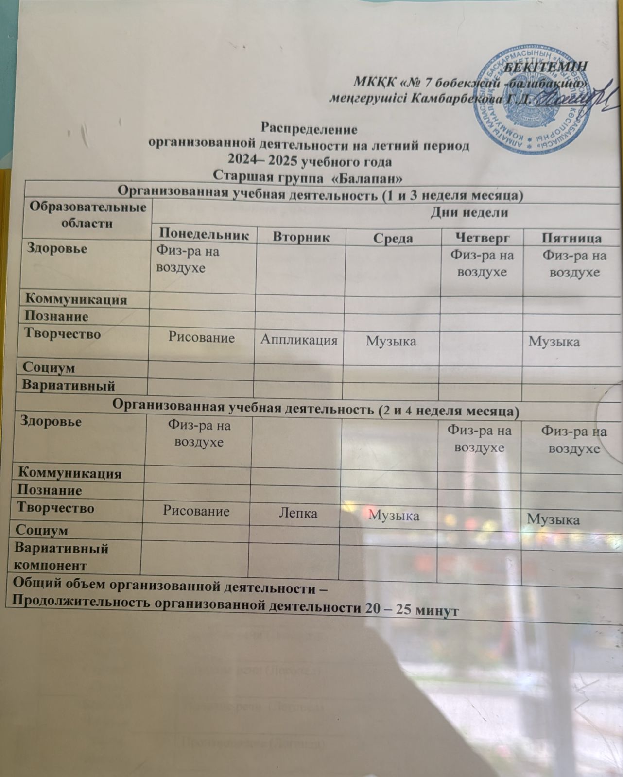 2024– 2025 оқу жылының жазғы сауықтыру кезеңіне  арналған ұйымдастырылған іс әрекетінің бөлінуі